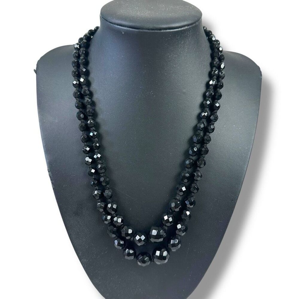 Vintage Crystal Double Strand Facet Beaded Necklace Black Made In Austria Formal